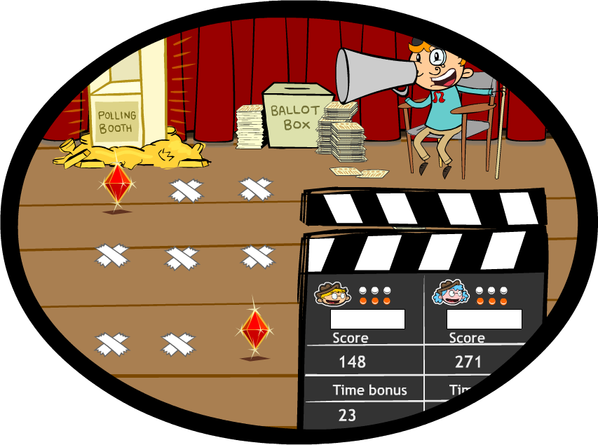 Illustration: Section of game, showing the various elements of the game: The director, stage marks, gems, players, player lives remaining, scores and time bonuses.