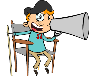 Illustration of a character, sitting in a director's chair, wearing a beret and monoicle, holding a megaphone and stick.